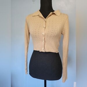 Aster Collared Pointelle Knit Crop Cardigan in Cream Size M?